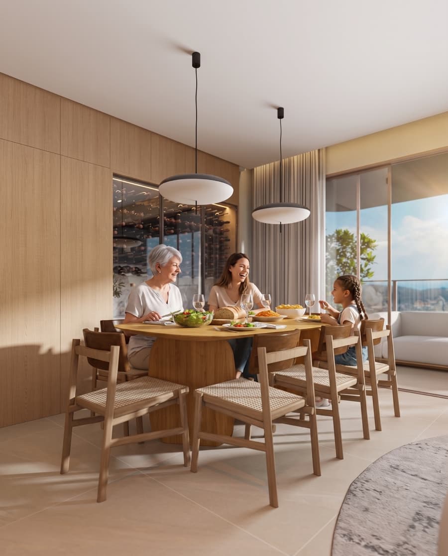 Família reunida à mesa em um apartamento Constel